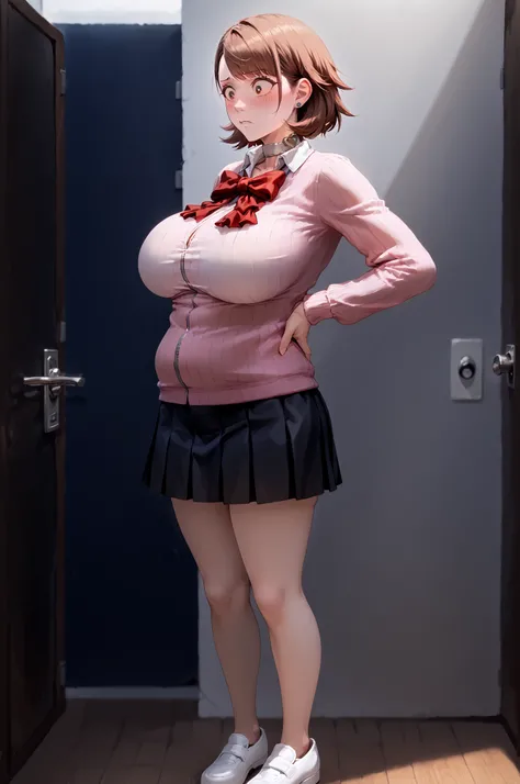 SFW, aidmaHyperrealism, (leaning back)  ,yukaridef, gekkoukan high school uniform, pink cardigan, red bow, long sleeves, (skinny legs, tiny hips:1.2) earrings, white choker Best Quality, High resolution, 1girl in, Full body, Details Girl, detail hands, Det...