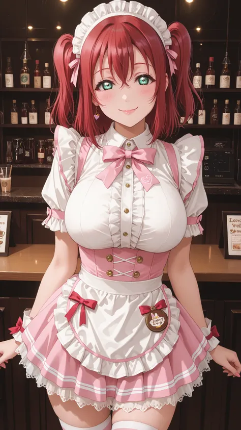 1girl , solo ,  Kurosawa Ruby（Love Live）、美しいRed hairツインテール 、Red hair、Red hairショートヘヤーツインテール、Red hairツインテール、Shorter Little Sister、green eyes、green eyes、美しいgreen eyes 、Very Very Very Big Breasts（big big breasts：99. 9）Pink and White Maid Outfit Costume、 Pink a...