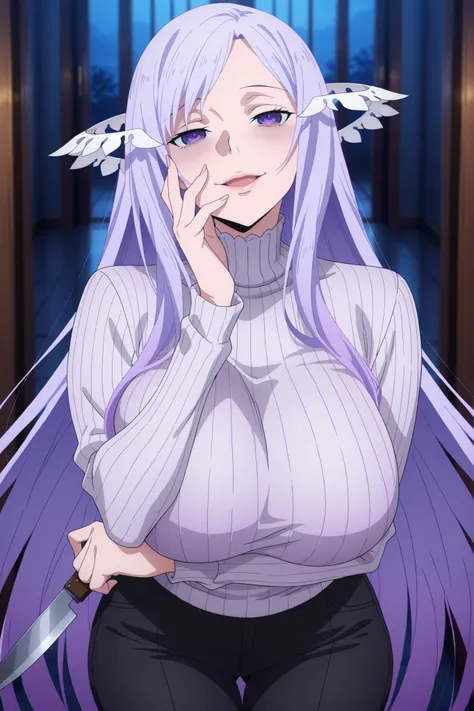 anime screencap, masterpiece, best quality, quinella, 1girl, Mature Female, long hair, light purple hair, purple eyes, , yandere , yandere trance, big breasts, big butt, ((turtleneck sweater, black pants,)), crazy smile , crazy, Lips, view detailed body, (...