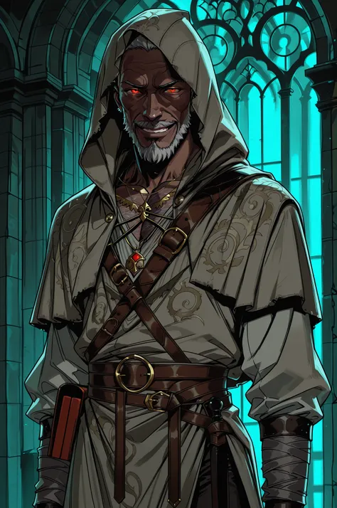 Solo; 1 man, mature man, half_aged man, African skin, wears a hooded cloak that drapes over a rugged tunic, giving off a medieval or fantasy vibe, straps and belts wrap around the waist, securing a books at their side. The chest area of the garment is nota...