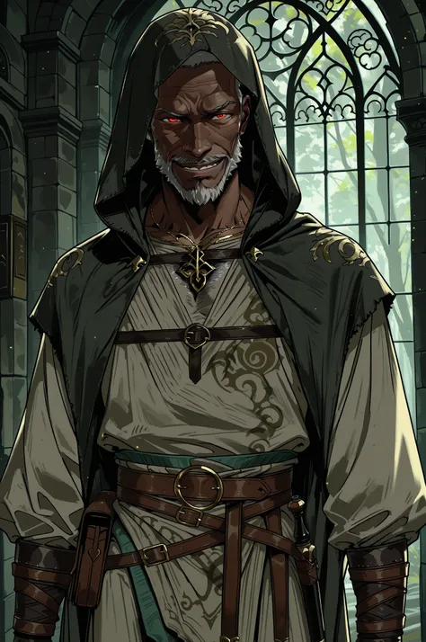 Solo; 1 man, mature man, half_aged man, African skin, wears a hooded cloak that drapes over a rugged tunic, giving off a medieval or fantasy vibe, straps and belts wrap around the waist, securing a books at their side. The chest area of the garment is nota...