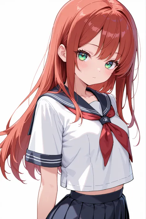 1girl, petite body, solo, (long hair:1.1), green eyes, school uniform, white background, pixel