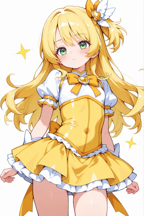 1girl, petite body, solo, (long hair:1.1), green eyes, yellow magical girl, white background, pixel