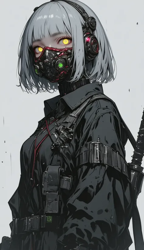 FULL BODY, S1n0z1ck style, Rookie Ninja, 1girl de perfil, olhando para cima, yellow neon eyes, white shortbob hair, laço de cabelo cor de rosa, vestes brancas, roupas molhadas, full body, red tech gasmask face down, raining, very rain, fog in your front, c...