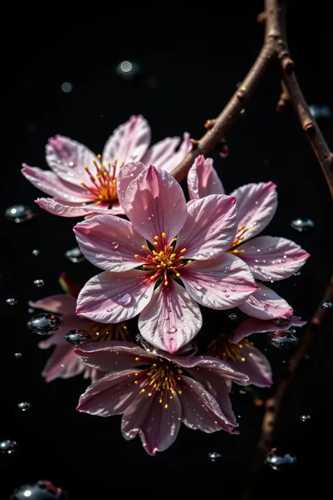 A macro art of microscopic image of a blooming sakura with droplet of waters. Simple black background. Mesmerizing reflection on the droplets of water

