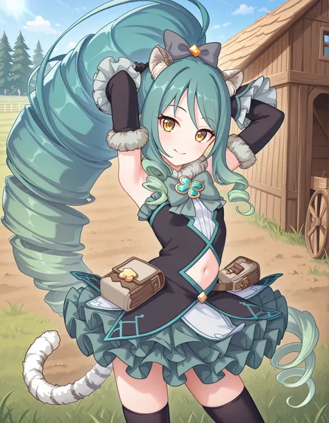 pcrshio, animal ears, animal ear fluff, gradient hair, yellow eyes, tiger tail, striped tail, pshiomag, green hair, aqua hair, very long hair, ponytail, drill hair, magical girl, hair bow, fur collar, sleeveless dress, bowtie, club \(shape\), jewelry, whi...