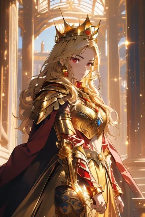 (masterpiece, top quality, top quality, Official Art, beautiful and aesthetic:1.2), (1girl), (Warrior Queen's Golden Armor, Fur-Lined Cape, Crown of jewels  :1.2),serious, red eyes