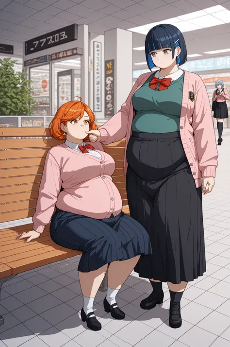 (2girls) weight difference,2girls,plump,ssbbw, masterpiece,best quality,highres (two distinct and diffrent characters) (two girls sittingmext to each other on a bench) illustration,detailed face, weight difference, 2girls, () ,chubby, double chin,skinny,st...