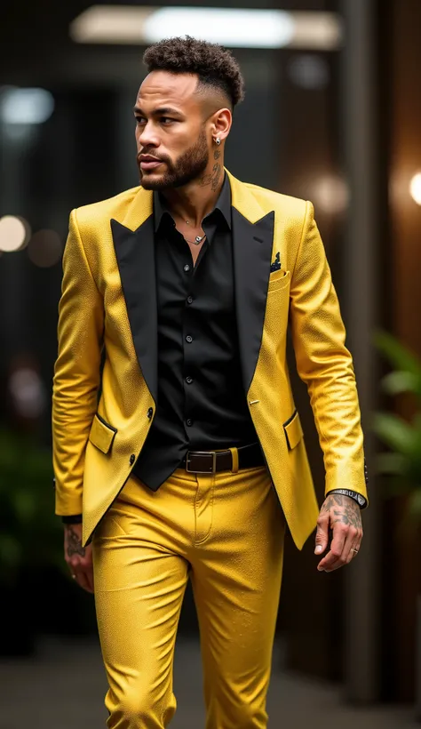 Neymar in a gold suit with black details **High quality background of your choice**