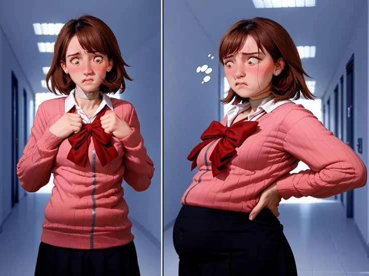 ()weight gain sequence
before and after
multiple views
Sad and embarrassed 
 (thought bubble thinking about her own breasts:1.2) (leaning back),yukaridef, gekkoukan high school uniform, pink cardigan, red bow, long sleeves, black skirt, earrings, white cho...