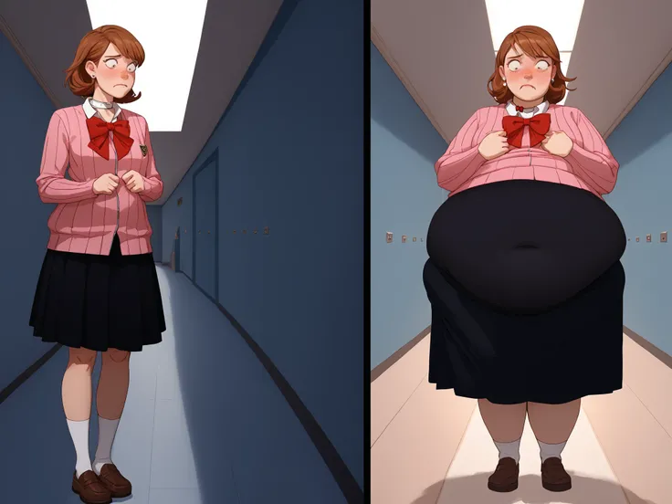()weight gain sequence
before and after
multiple views
Sad and embarrassed 
 () (leaning back),yukaridef, gekkoukan high school uniform, pink cardigan, red bow, long sleeves, black skirt, earrings, white choker Best Quality, High resolution, Full body, , i...