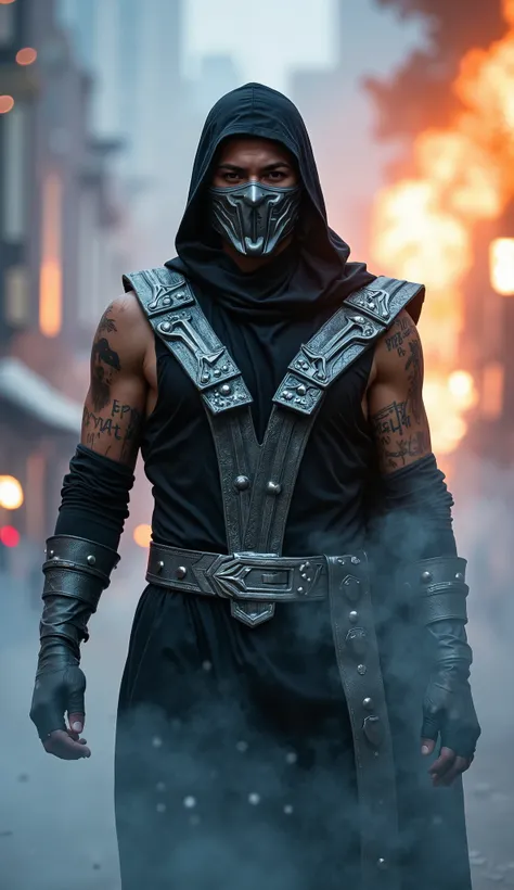 Neymar as Smoke from Mortal Kombat, in high definition, foco no rosto, wearing a metallic mask , black ninja costume with gray details and realistic texture. Cinematic background with burning trees on one side and frozen houses on the other, people being t...