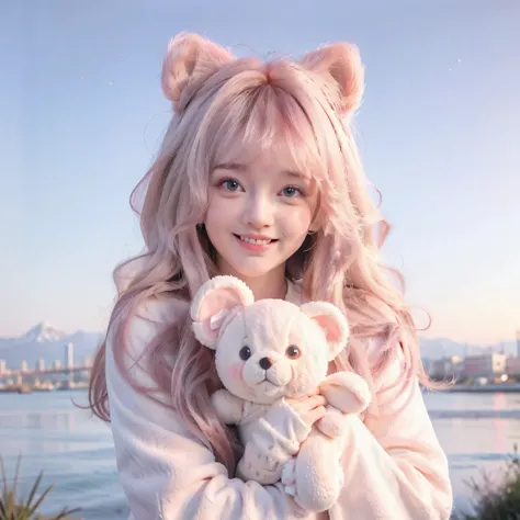 Digital art style girl，Big Head，baby pink hair，cute瞳，Adorable smile，Esbian all over、Pure、lolita hoodie fashion，Pure，Lovely，cute，teddy bear🧸，fluffy，Rosy Cheeks，Flowers sparkle，blue sky，Fantasy World，Depth of written boundary_shallow