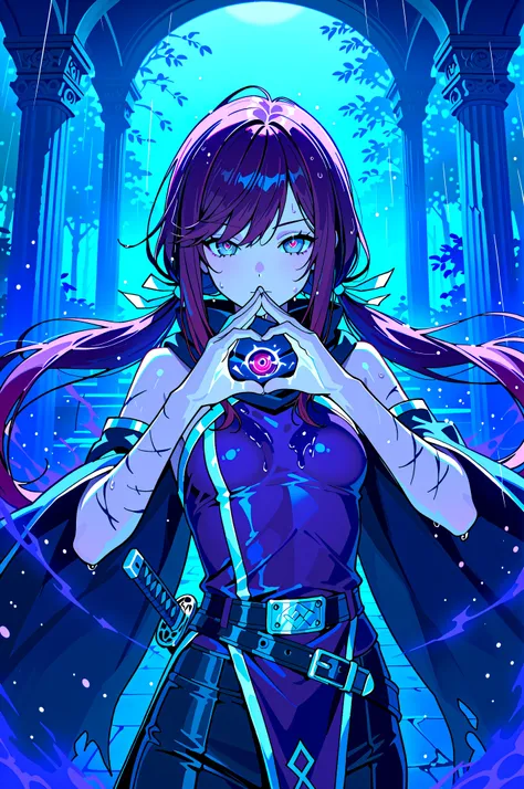 (masterpiece:1.2, Best Quality), (finely detailed beautiful eye: 1.2), (beautiful detailed face, good_hands), solo, expressionless, ninja hand pose, dark purple ninja outfit, silver trim, bare shoulders, , Mangekyo-IL-V1 . 1-Sasuke , red eyes , symbol-shaped pupils, light particles, series of pillars, temple, ruined temple, standing, hair blowing in wind, ((standing atop pillar)), crumbling pillars, sea, raging sea, close up, upper body, dark aura, beautiful face,, long sidelocks framing face, gray eyes, long swept bangs, dark red hair, long hair, low twin tails, hair ribbons,, small breasts, shadowy hands, dark aura, weapon belt, black cloak, tattered cloak, scars on arms, black trousers, small breasts, dusk, rain, wet clothes, wet hair, wet skin, purple water, dramatic composition with ink splatter effects, manga style with explosive effect,dramatic lighting,