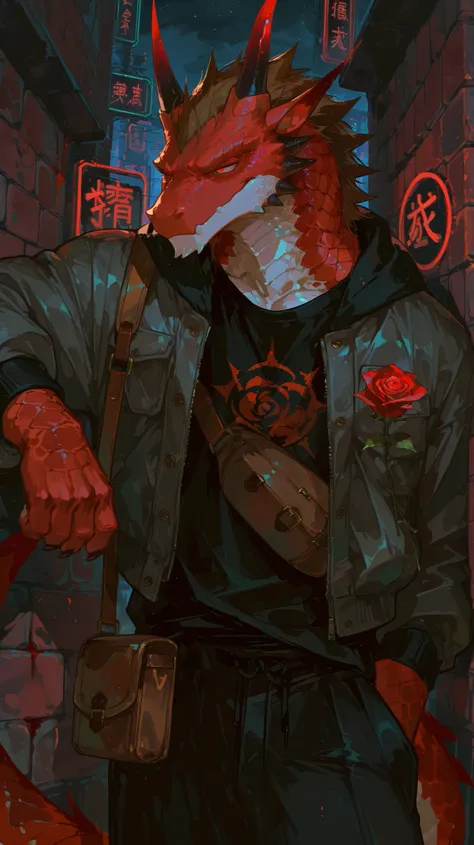 masterpiece, best quality, 8K resolution, HDR, 4K resolution, sharp focus, vibrant colors, anime cel-shading style: Semi-realistic anime with detailed furry features, 1 male red dragon beastkin, muscular build, brown hair, blood-red eyes, rose-red curved h...