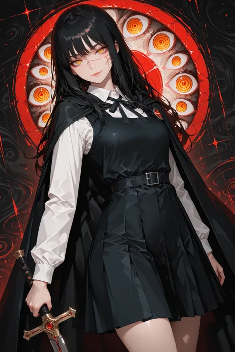 1 girl, yoru, scar on cheek, cross scar, long hair, black hair, yellow / red eyes, ringed eyes, school uniform, black dress, pinafore dress, sleeveless dress, white shirt, black ribbon, neck ribbon, long sleeves, black cape, abstract background, standing, ...