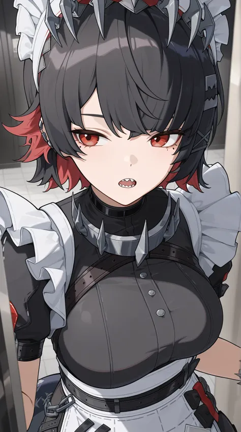 , ellen joe, Zenless Zone Zero Characters, 
High Quality ,  最High Quality , masterpiece,  high res , detailed face( Lola: ellen),anatomically accurate, Detailed Hairstyles( Lola: ellen),anime coloring
solo, 1 girl,  shark girl, 
short hair, Bang, black hair, Red Eyes, red hair, multicolored hair,choker, , two-tone hair, 
Staring at the audience 
bathroom,Entrance,
,open mouth, jagged teeth,