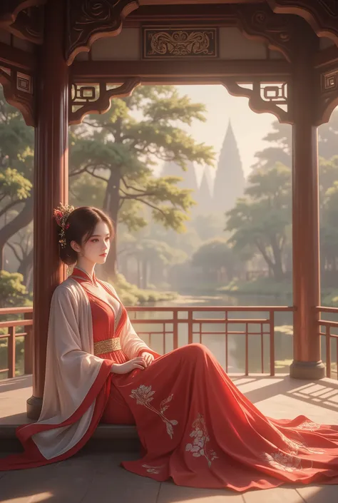 Young woman in red antique Chinese dress sitting at the pavilion
