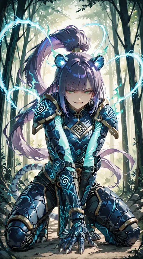 Spiral blue energy, anime, hall human-Tiger, pose dynamic in action,Tiger armor, intense Green eyes, very long wavy ponytail purple hair , bangs, smirk, fangs and claws, outdoor magic forest background.