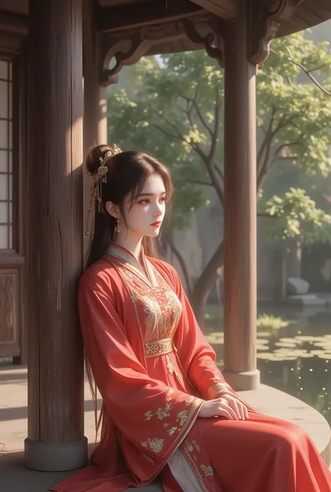 Young woman in red Chinese dress sitting leaning on pole at pavilion