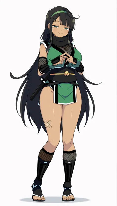 ((Highest Quality)), (Simple background), 1girl, full body, standing, breast, thighs, smile, seductive, half-closed eyes, dark skin, green eyes, black hair, very long hair, side bangs, single hair intake, gyaru, wrist scrunchy, green hairband, bandaids on ...
