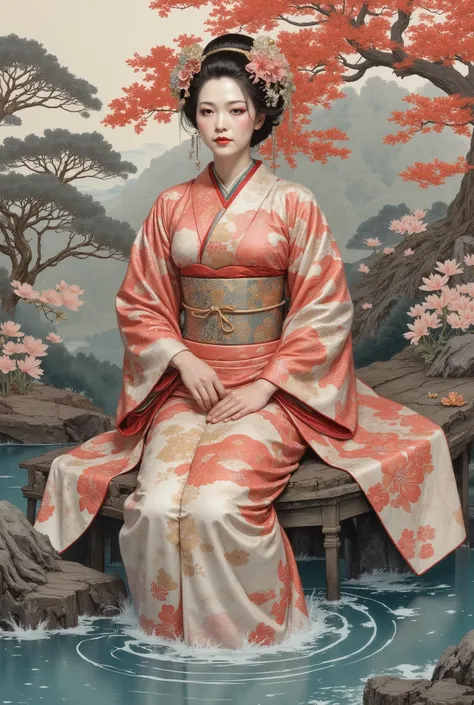 Detailed proportions and textures, made with multicolor spray paint and airbrushing, , presents a semi-realistic illustration, ornaments, a color dominated by the character's bright and rich tones, contrasting with the matte and warm tones of the (full bod...