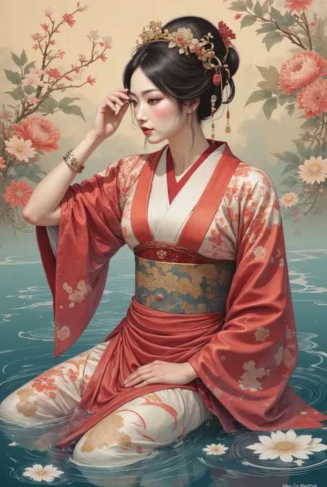 Detailed proportions and textures, made with multicolor spray paint and airbrushing, , presents a semi-realistic illustration, ornaments, a color dominated by the character's bright and rich tones, contrasting with the matte and warm tones of the (full bod...