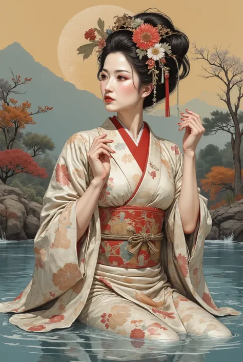 Detailed proportions and textures, made with multicolor spray paint and airbrushing, , presents a semi-realistic illustration, ornaments, a color dominated by the character's bright and rich tones, contrasting with the matte and warm tones of the (full bod...