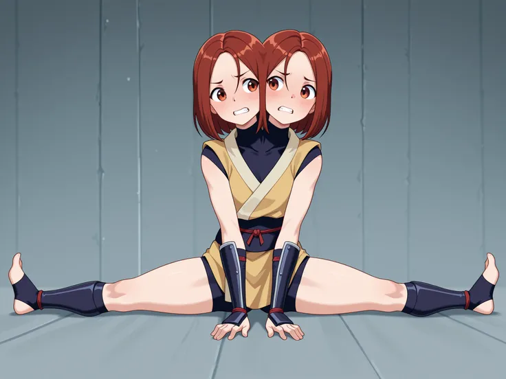 conjoined, anime girl with two heads, ninja, doing the splits, straining, teeth grit, uncomfortable, ninja training camp
