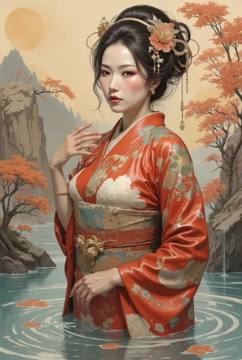 Detailed proportions and textures, made with multicolor spray paint and airbrushing, , presents a semi-realistic illustration, ornaments, a color dominated by the character's bright and rich tones, contrasting with the matte and warm tones of the (full nak...