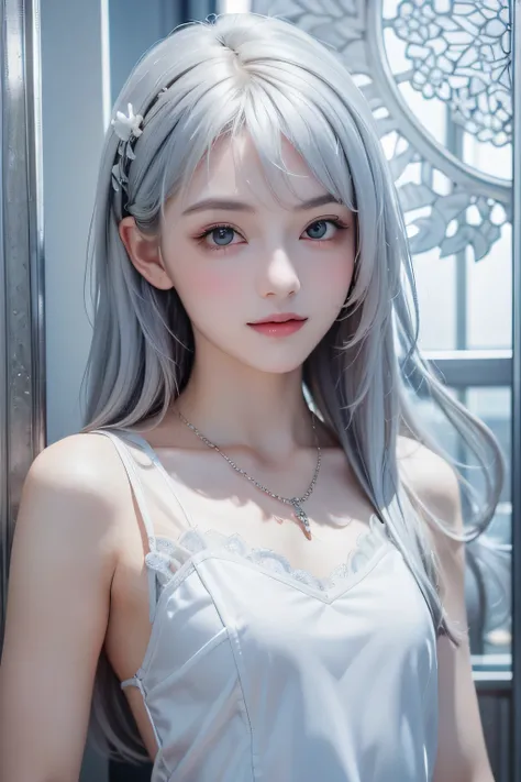(Beautiful woman with fair skin), (A calm and gentle smile like a young girl), Clear light blue eyes, (Medium-length, almost straight, silvery white hair), Close-up, Portrait, (Cool-colored shirt), (Slim figure), Small ice necklace, (A cold ice world in co...