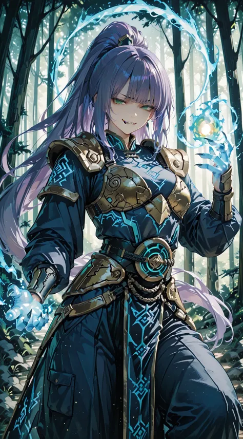 Spiral blue energy, fireball blue in hand, anime, hall human-Tiger, pose dynamic in action,Tiger armor, intense Green eyes, very long wavy ponytail purple hair , bangs, smirk, fangs and claws, outdoor magic forest background.