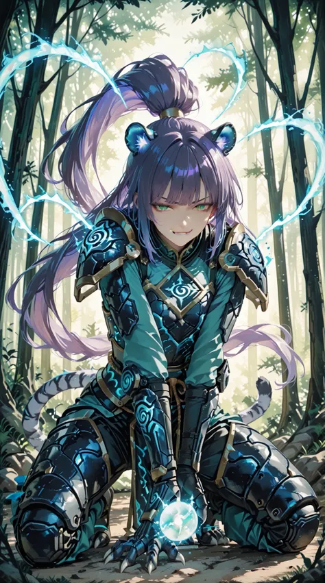 Spiral blue energy, anime, hall human-Tiger, pose dynamic in action launching a energy ball to front.,Tiger armor, intense Green eyes, very long wavy ponytail purple hair , bangs, smirk, fangs and claws, outdoor magic forest background.