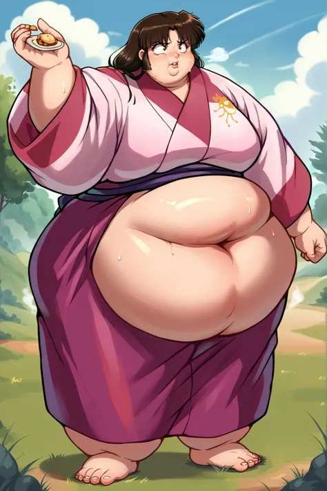 anime screencap, score_9, score_8_up, score_7_up, source_anime BREAK sango, 1girl, solo, brown hair, parted bangs, low-tied long hair, brown eyes, outdoors, grass, day, pink kimono,
wearing a kimono, giant hands, giant feet, fat, chubby, obese, gigantic ar...