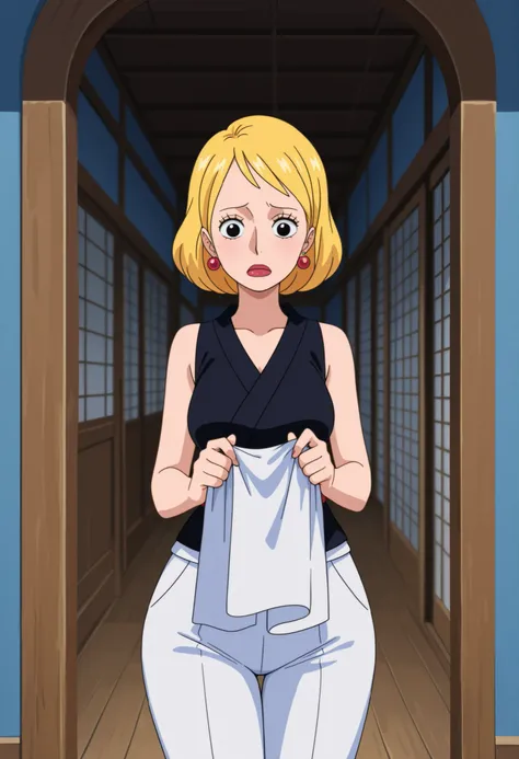 Beth Smith, mature woman, blonde hair, solo, medium hair, small saggy breasts, huge hips. earrings. red lips, black eyes | Location: The white plaster wall of a Japanese castle. At the wall, A cute little anime ninja girl is holding a huge rectangular piec...