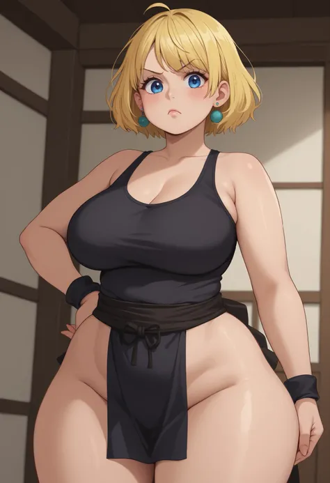 rita loud, mature woman, blonde hair, solo, short hair, medium saggy breasts, gigantic hips. gigantic ass. earrings, fat. | The white plaster wall of a Japanese castle. At the wall, A cute little anime ninja girl is holding a huge rectangular piece of clot...