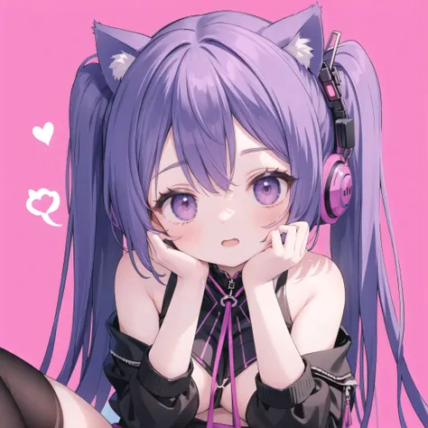 1 cat-eared girl，I'm wearing pink stockings，strokes my head, cyberpunk background