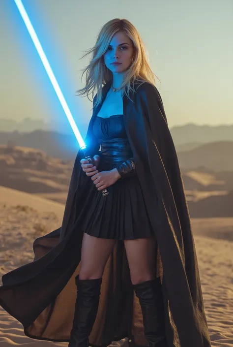 elle fanning as a Jedi, blue lightsaber, cape, pleated_skirt, microskirt, tube_top, leather, full_body, thick_thighs, thigh_highs, knee_boots