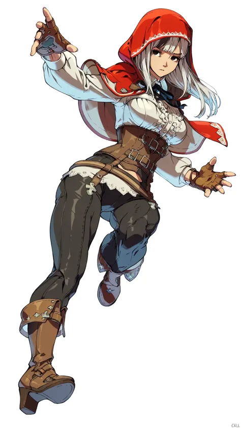 White background, high quality image, Fire Emblem Fates, Velouria, 1girl, medium breasts, lithe body, short, neutral, calm, black eyes, black and white hair, worlf girl, red hood, brown gloves, white blouse, leather corset, black slacks, brown heel boots, ...