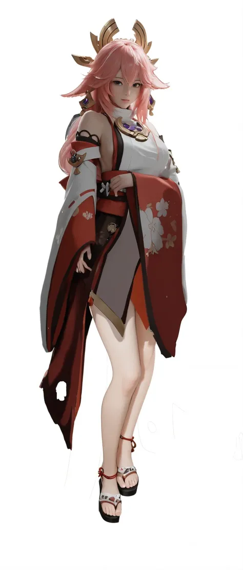anime character with pink hair and cape, Yae Miko， draw,  Whole body concept, Whole body concept, (( wearing a noble robe )), Anime full body illustration, pixiv ，Natural leg movements，Adjust the foot ratio to the correct level，is realistic