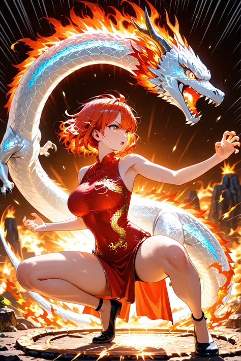 1girl,sandori, sun girl, burning hair, red and orange hair, messy hair, short hair, fluffy wavy hair,large breasts,profile,serious,red china dress,see-through dragon,((glowing white dragon print)),claw,armpit,squatting,(bent over:0.8),contrapposto,open mou...