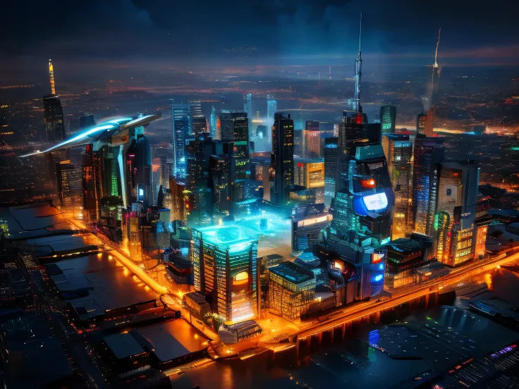 a futuristic city styled after a computer motherboard with streets and buildings modeled after computer components, a clearly visible processor, no inscriptions, warm colors with a predominance of dark blue