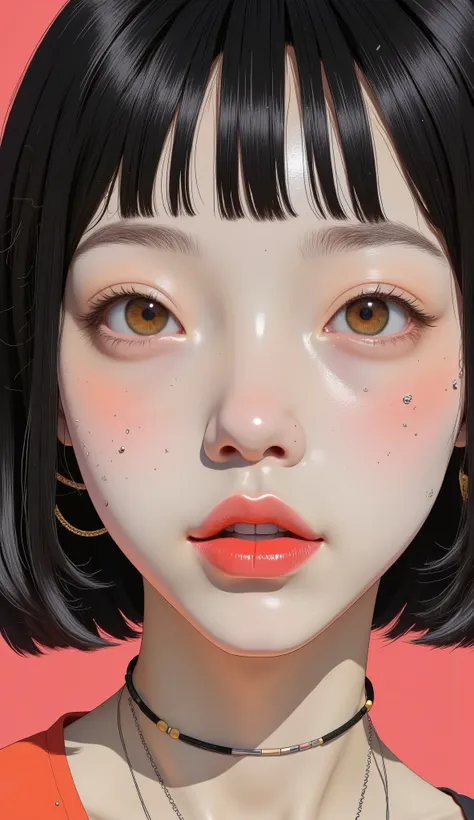 a close up of a woman with a red lipstick and black hair, detailed face with red lips, China doll face, Jinnah Chan, faint red lips, red lips, red lipstick on face, Sharp beautiful face, thick red lips, beautiful lips, Super beautiful face, luscious red li...