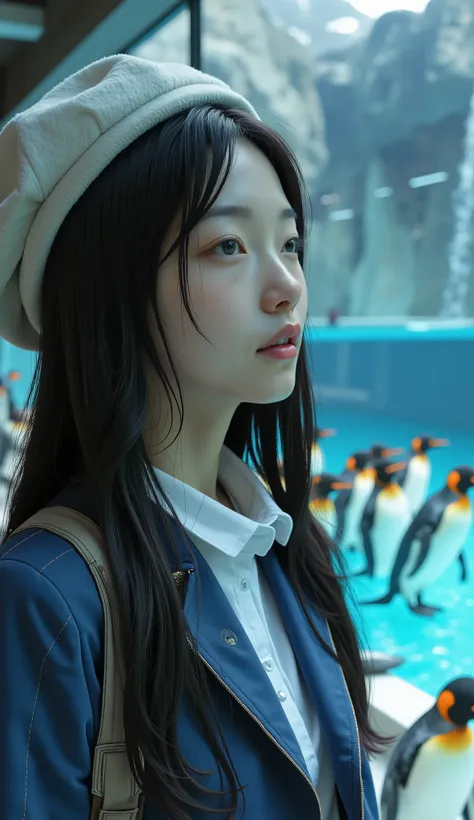 super realistic 、 photorealistic 、Woman visiting an aquarium , clean white skin 、My hair、 beret、Long Hair with Volume 、 wearing a white shirt inside a dark blue jacket 、 beautiful woman、 front shot、 upper body、Penguins line up like bowling pins in a larg...