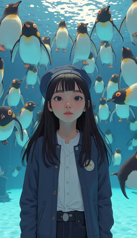 super realistic 、 photorealistic 、Woman visiting an aquarium , clean white skin 、My hair、 beret、Long Hair with Volume 、 wearing a white shirt inside a dark blue jacket 、 beautiful woman、 front shot、 upper body、Penguins line up like bowling pins in a larg...