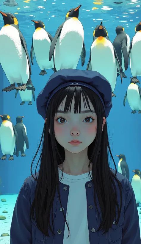 super realistic 、 photorealistic 、Woman visiting an aquarium , clean white skin 、My hair、 beret、Long Hair with Volume 、 wearing a white shirt inside a dark blue jacket 、 beautiful woman、 front shot、 upper body、Penguins line up like bowling pins in a larg...
