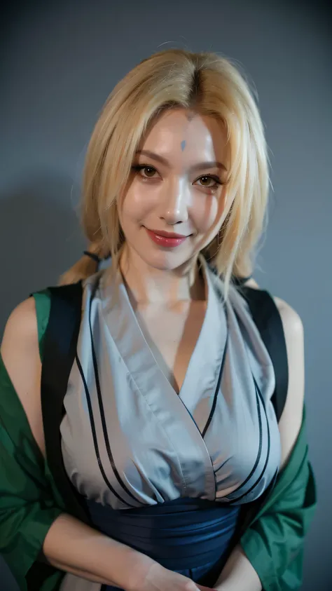 A close-up portrait of a real-life woman cosplaying as Tsunade from Naruto Shippuden, extremely realistic and highly detailed, ultra HD. She has long blonde hair tied in two ponytails, fair skin, and warm brown eyes. She is smiling gently, exuding beauty a...