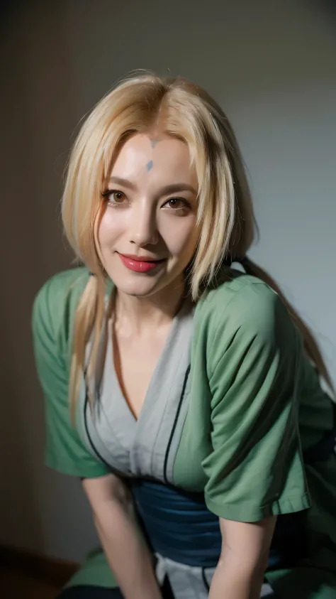 A close-up portrait of a real-life woman cosplaying as Tsunade from Naruto Shippuden, extremely realistic and highly detailed, ultra HD. She has long blonde hair tied in two ponytails, fair skin, and warm brown eyes. She is smiling gently, exuding beauty a...