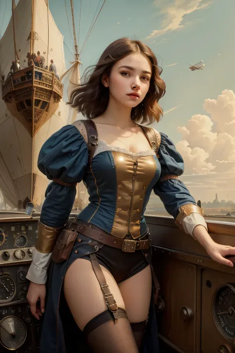 401 ((A 17-year-old woman )),(short hair),(Neat hair),(Ultra High Definition),(Airship Pilots),( Steampunk Airship ),(Leonardo da Vinci Style Paintings)