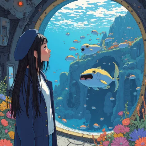 super realistic 、 photorealistic 、Woman visiting an aquarium , clean white skin 、My hair、 beret、Long Hair with Volume 、 wearing a white shirt inside a dark blue jacket 、 beautiful woman、 front shot、 upper body、A large group of sardines are swimming like ...